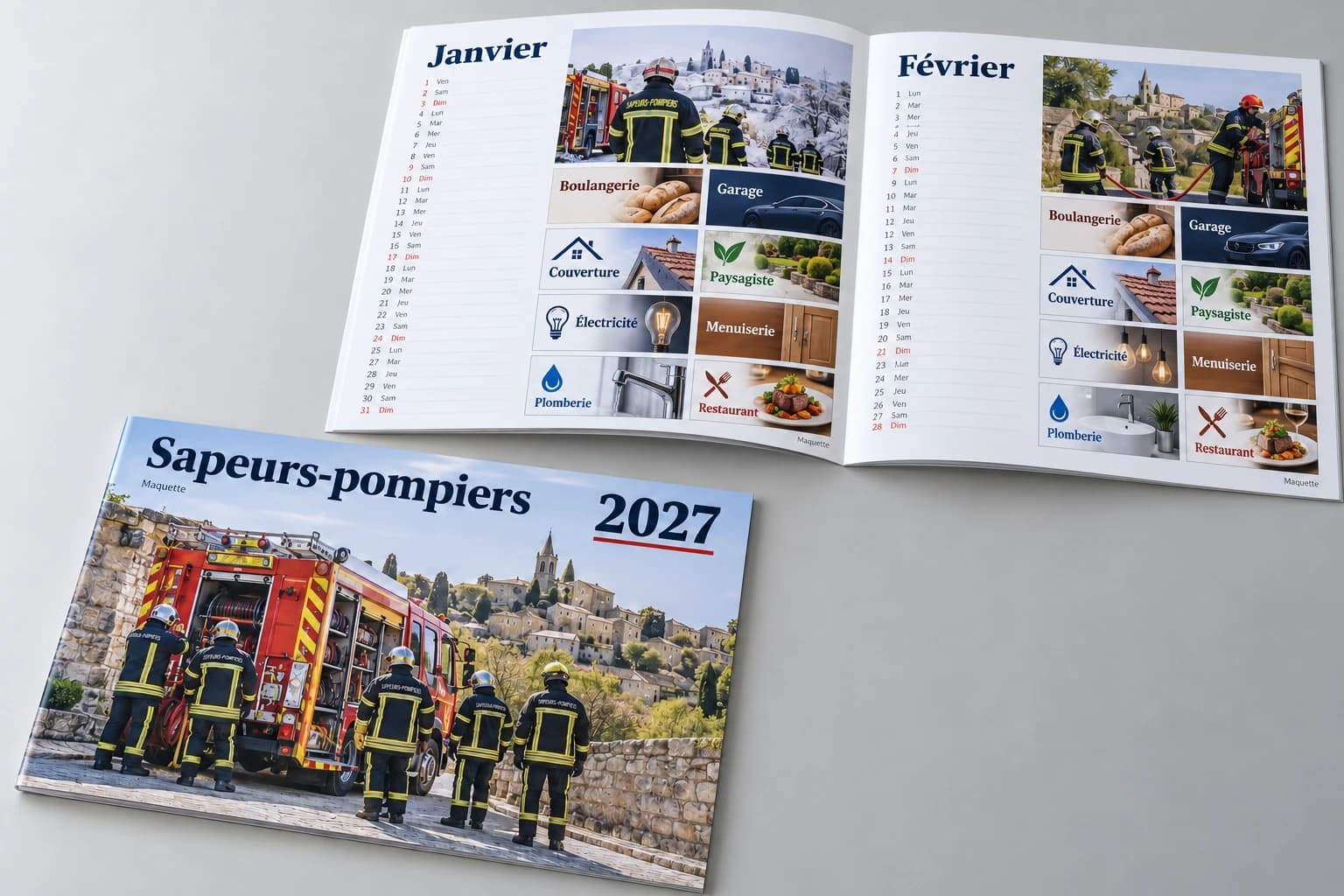Maquette d’un calendrier de 24 pages agrafé, sans anneaux, avec huit annonces sur chaque page mensuelle