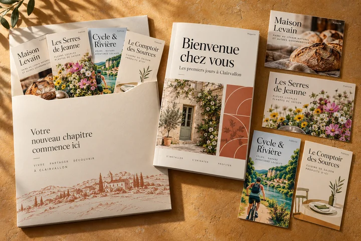 Maquette du kit Bienvenue chez vous avec ses cartes de commerces