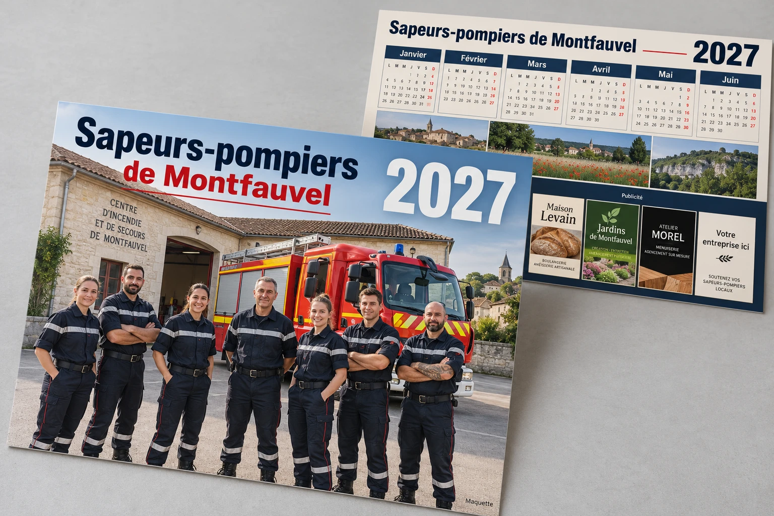 Maquette d’un calendrier cartonné classique de pompiers, sans anneaux, avec quatre annonces en bas de semestre