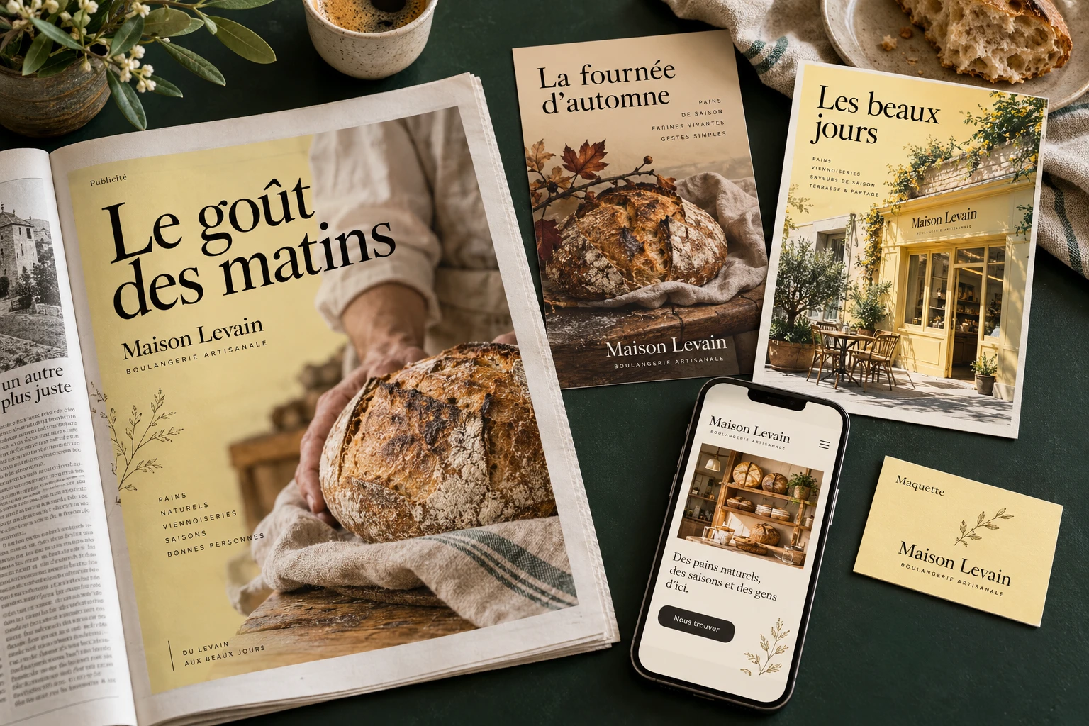 Maquette d’une campagne Maison Levain : annonce imprimée, visuels saisonniers et fiche sur téléphone