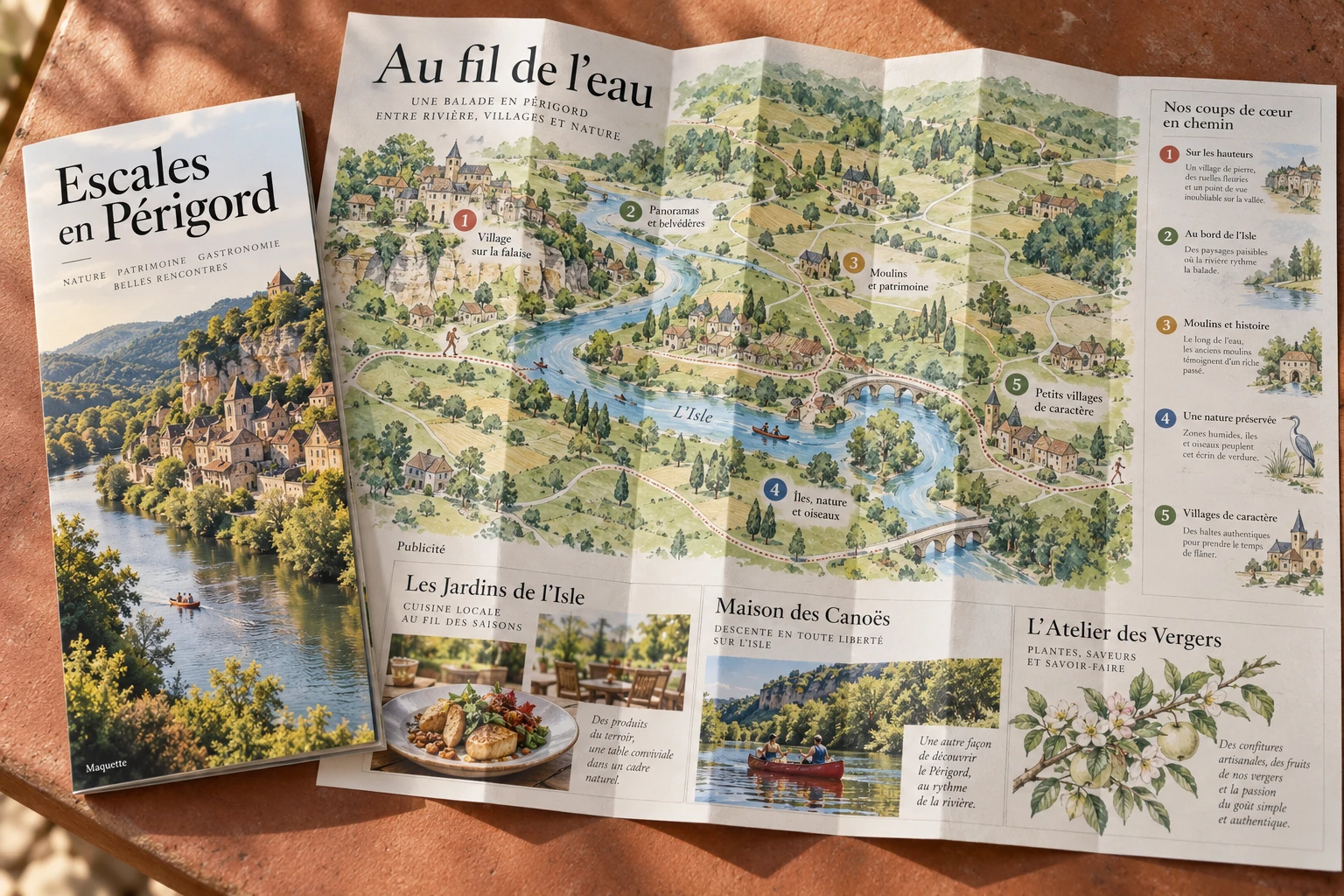 Maquette d’une carte touristique pliée avec parcours illustré et trois publicités de commerces