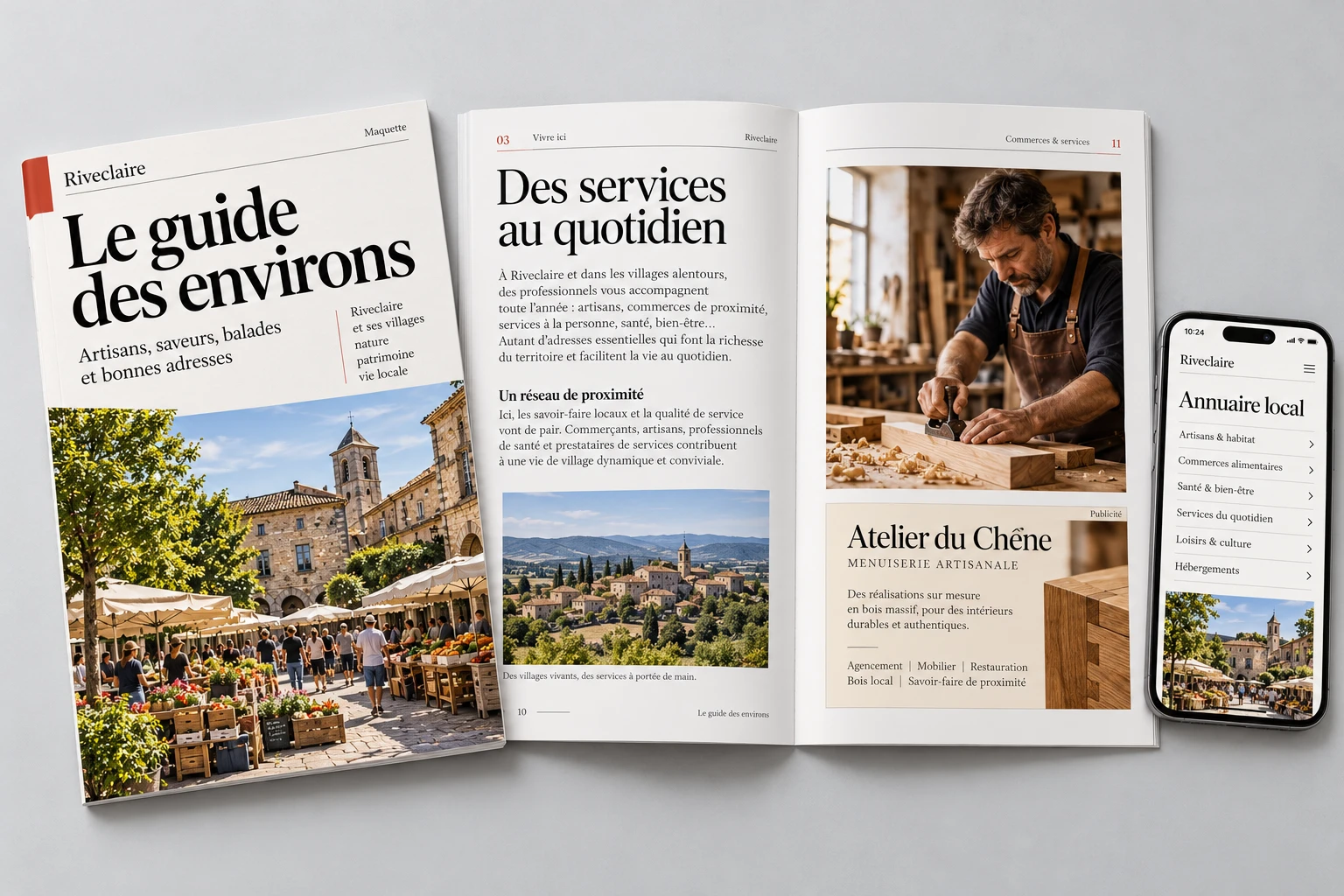 Maquette du Guide des environs : couverture et double page, avec la photo et la publicité entièrement sur la page de droite