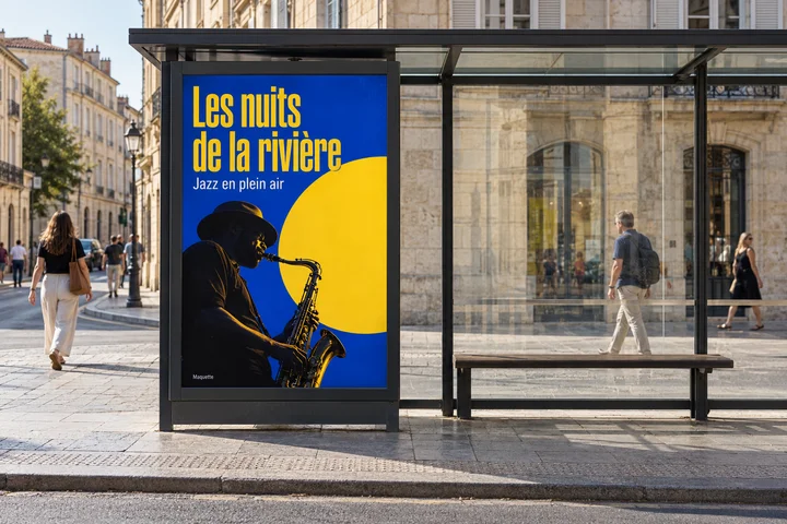 Maquette d’une affiche de jazz bleu et jaune sur un abri voyageurs