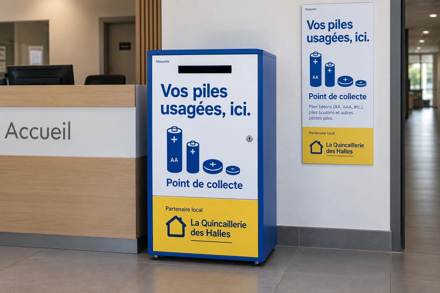 Maquette d’un collecteur de piles intérieur avec signalétique de collecte et panneau partenaire séparé