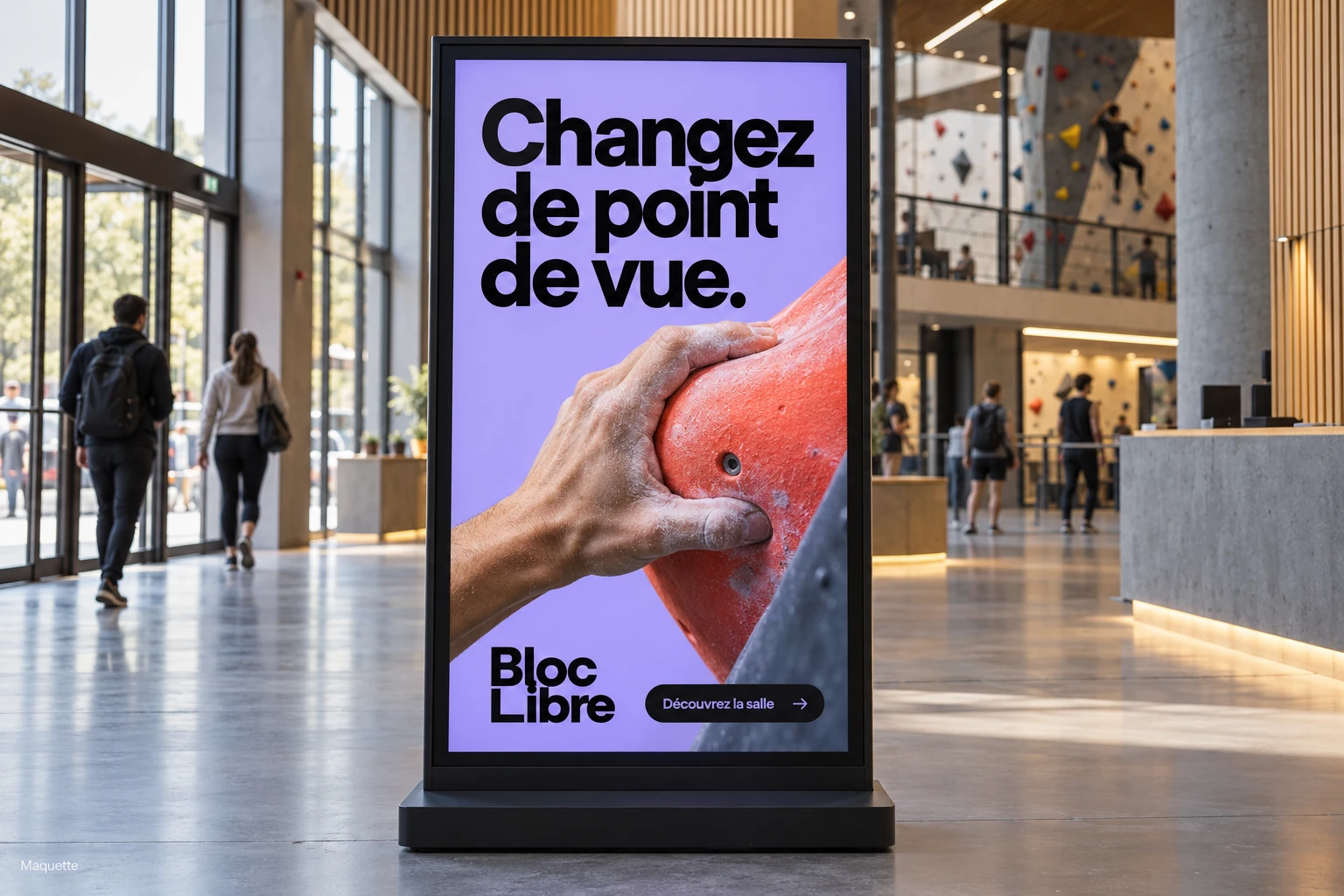 Maquette d’un écran vertical présentant une campagne Bloc Libre sur fond lilas