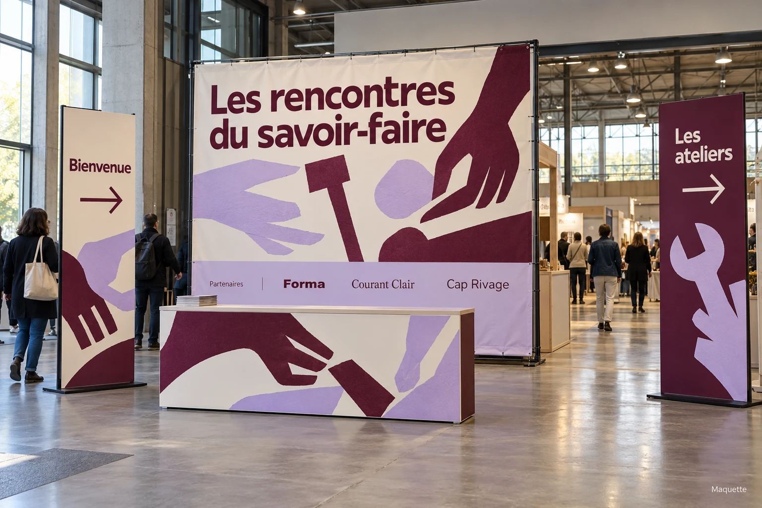 Maquette d’un accueil de salon avec fond textile, comptoir, signalétique et bandeau partenaires
