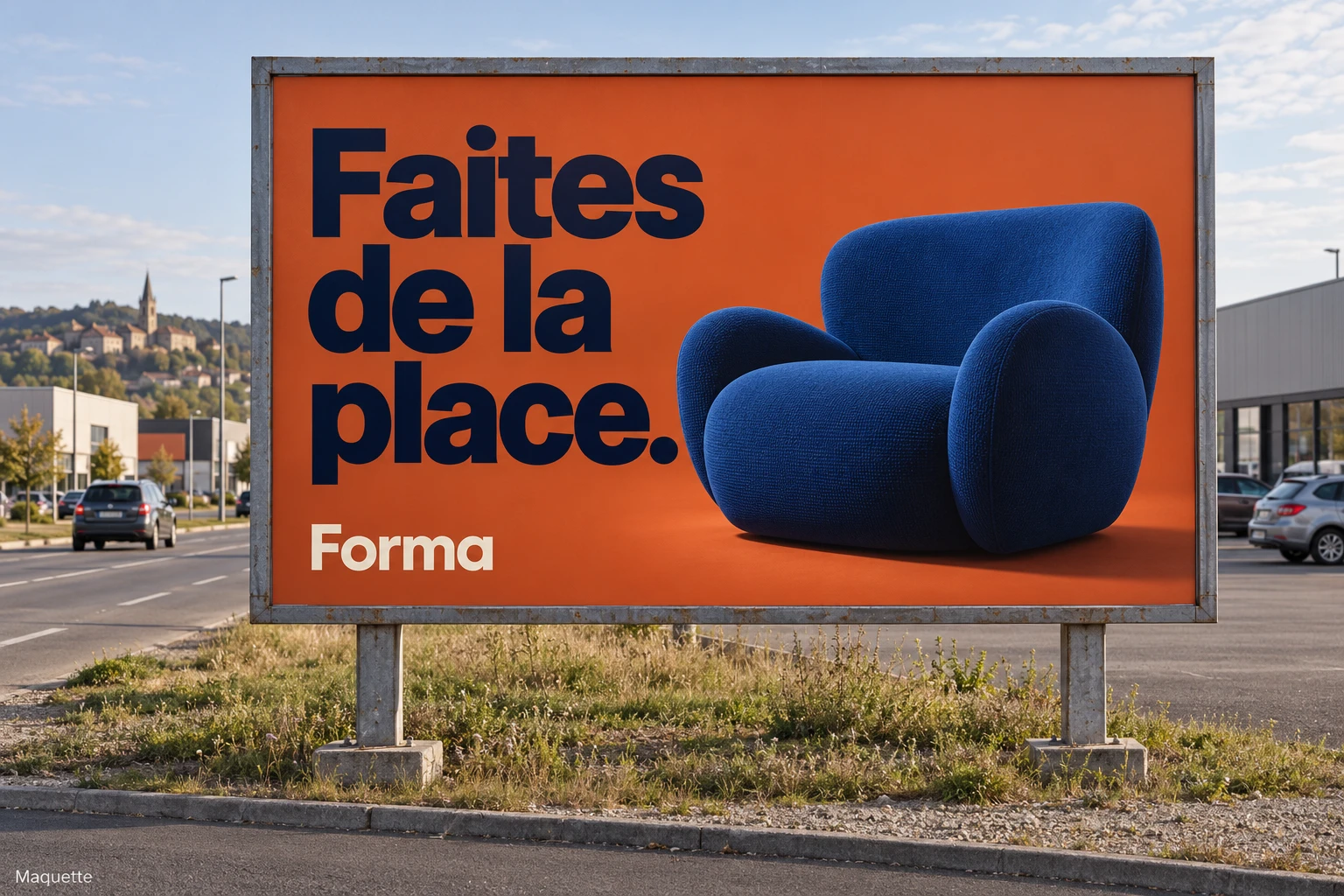 Maquette d’un panneau grand format Forma, fond orange et fauteuil bleu