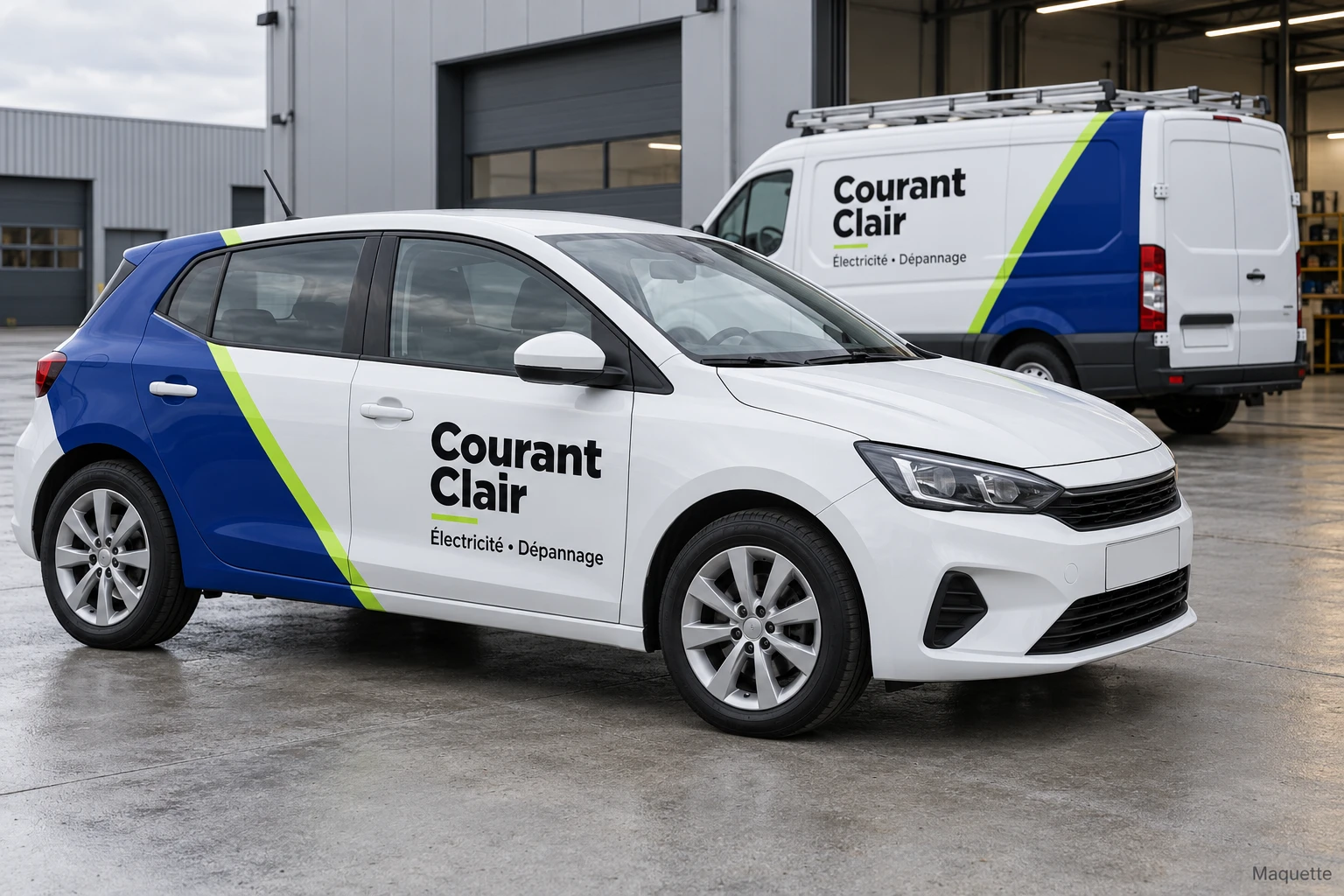 Maquette d’une voiture et d’un utilitaire Courant Clair, marqués en bleu et jaune vif