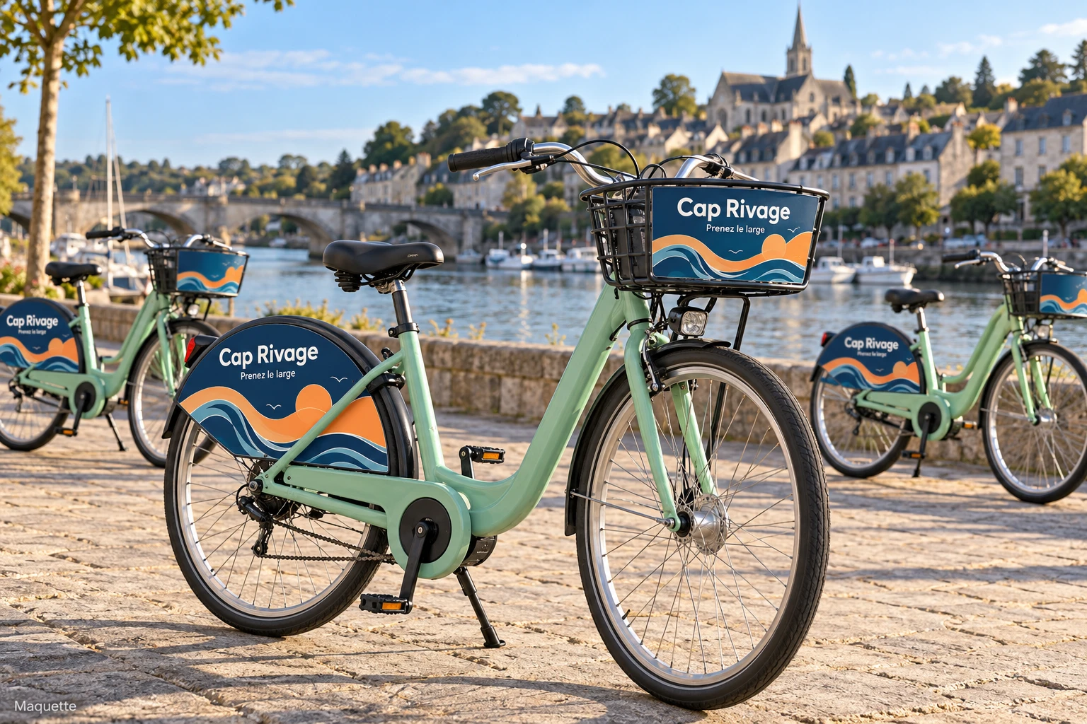 Maquette de vélos de location avec panneaux Cap Rivage sur les paniers et les carters fixes