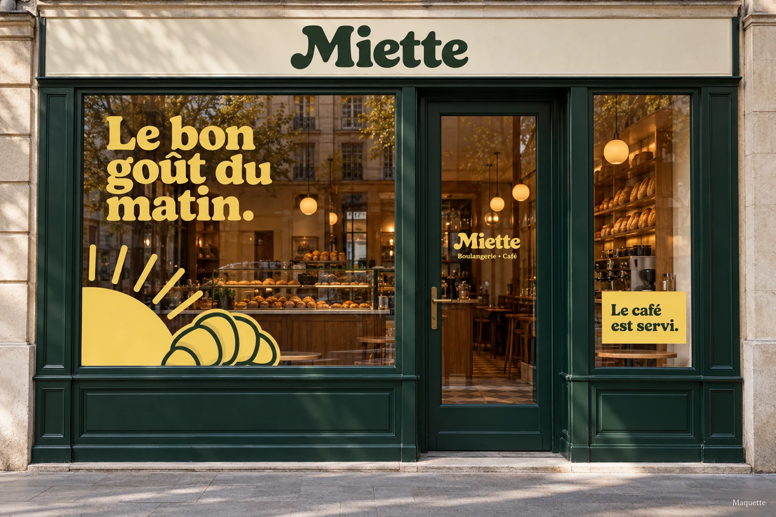 Maquette de la boulangerie Miette : lettrage jaune sur vitrage gauche, porte centrale et affiche dans la vitre droite, séparés par les montants